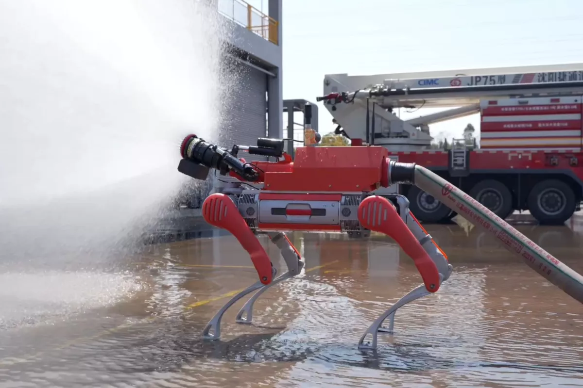The fire rescue quadruped can scout danger zones and send back live video feeds to human operatives, but can also sport a high-flow hose module to put out the inferno