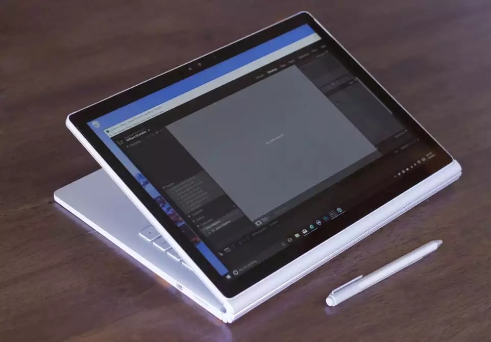 Microsoft Surface Book, shown with screen flipped around in stand mode.