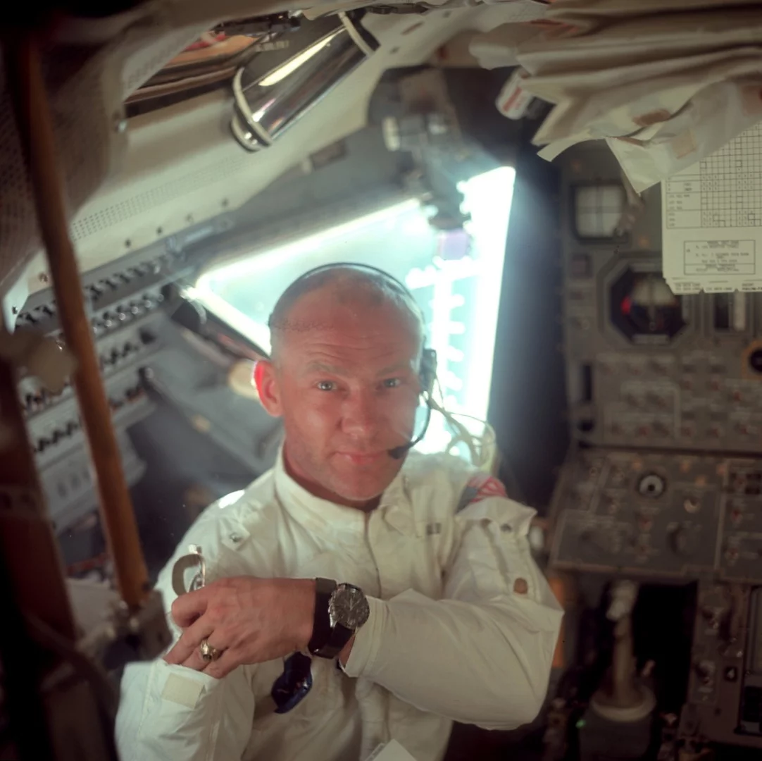 Buzz Aldrin wearing an Omega Speedmaster during the Apollo 11 mission