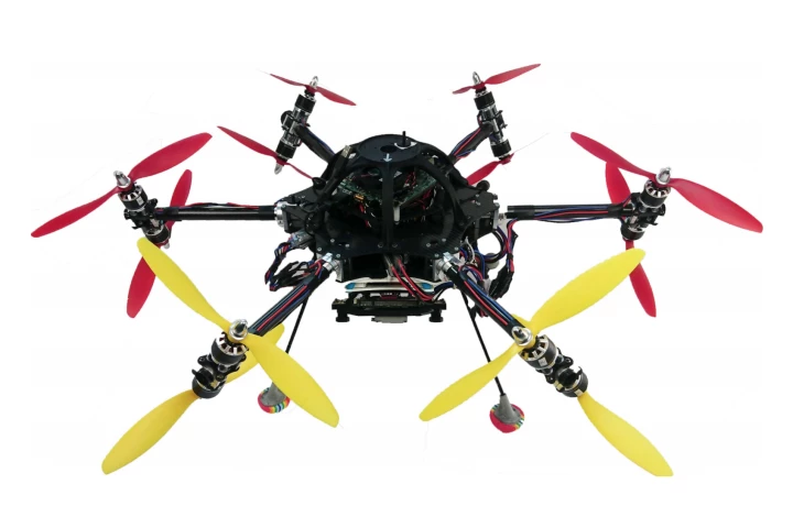 Image of the prototype system, with six 360-degree rotating arms giving this 12-rotor drone the capability to hover and fly in any orientation