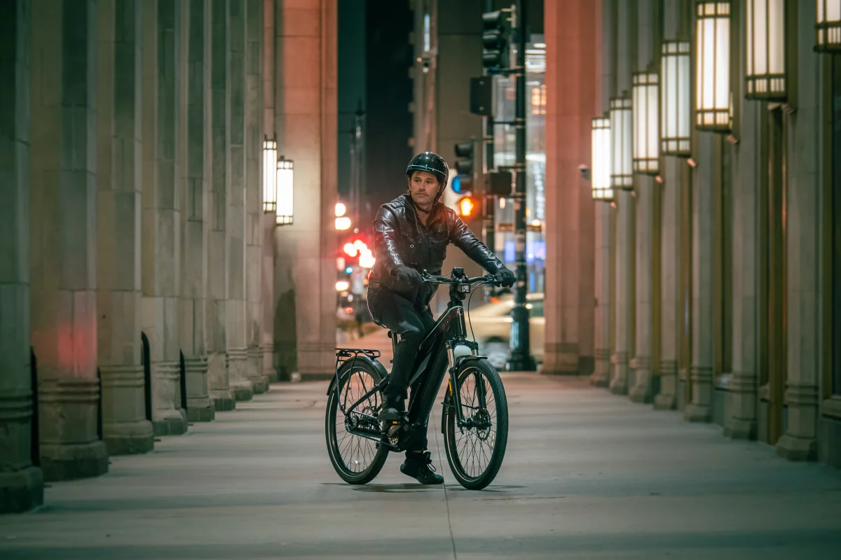 The Flluid-2 step-over ebike (shown) includes two removable batteries for up to 225 miles of per-charge pedal-assist, while the step-through Flluid-3 rolls with a single battery for up to 110 miles