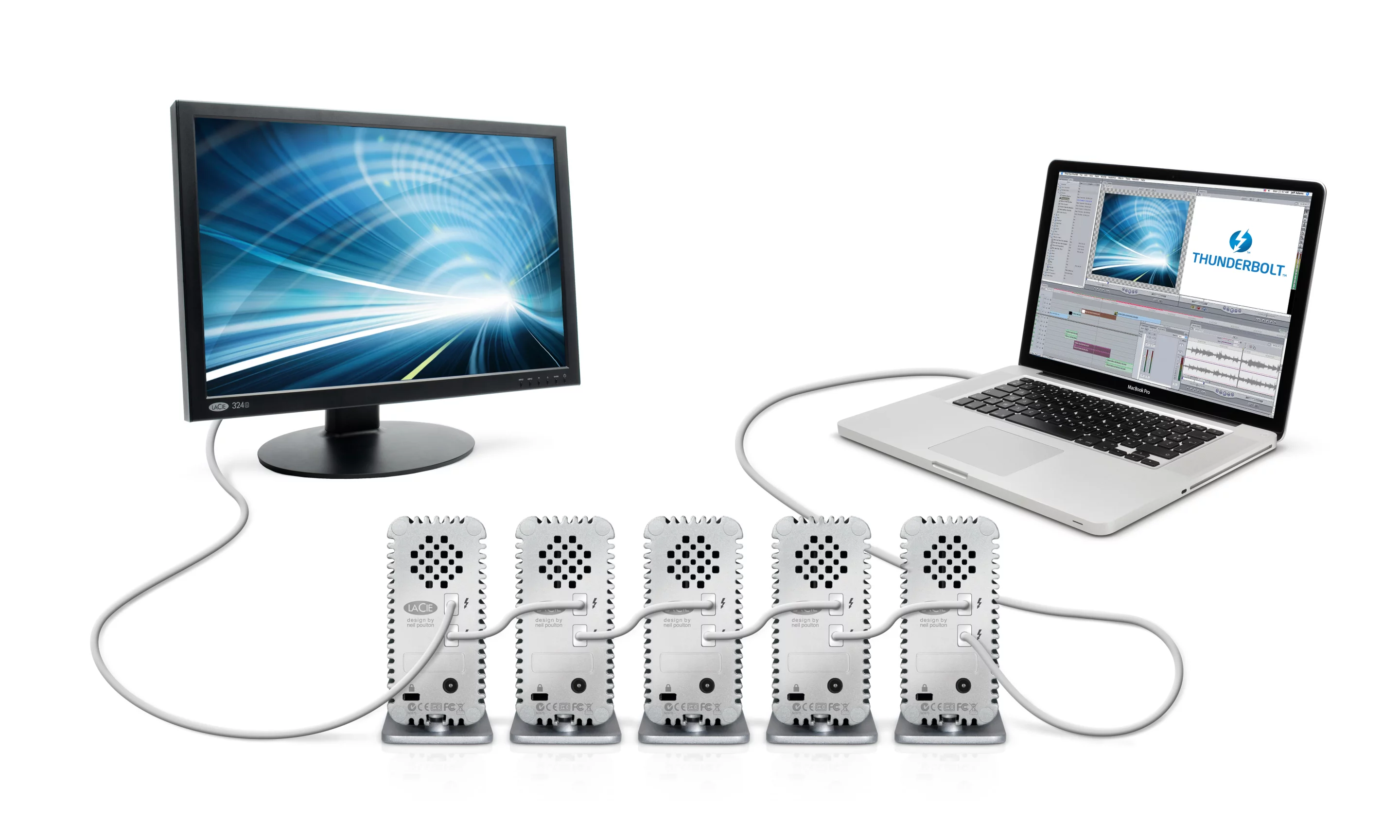 The LaCie Little Big Disk Thunderbolt Series SSD supports daisy chaining of up to six devices