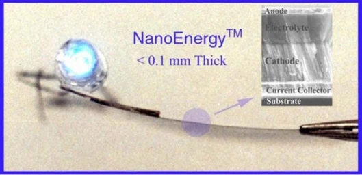 A NanoEnergy battery in profile, plus a cross-sectional electron microscope scan of the battery