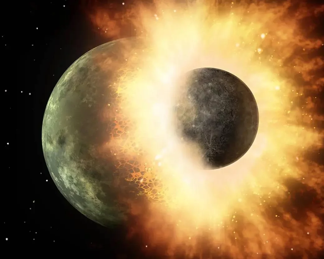 An artist's impression of two planetary bodies colliding, in a similar way to Theia crashing into ancient Earth