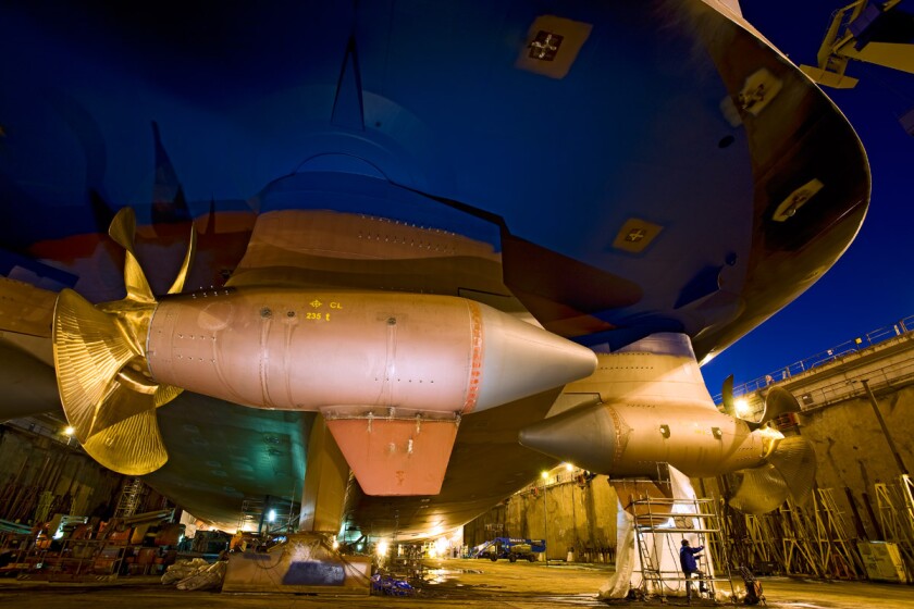 Azipod rotating thrusters, fitted to a ship under construction