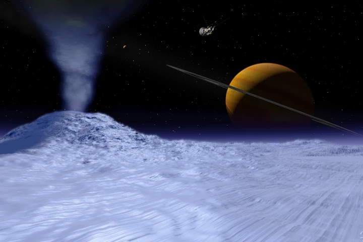 Artist's impression of Cassini over Eceladus