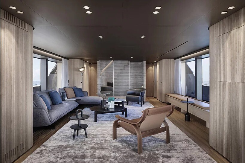 Interior design features include: oak paneled walls; timber flooring; and soft grey and natural timber furnishings