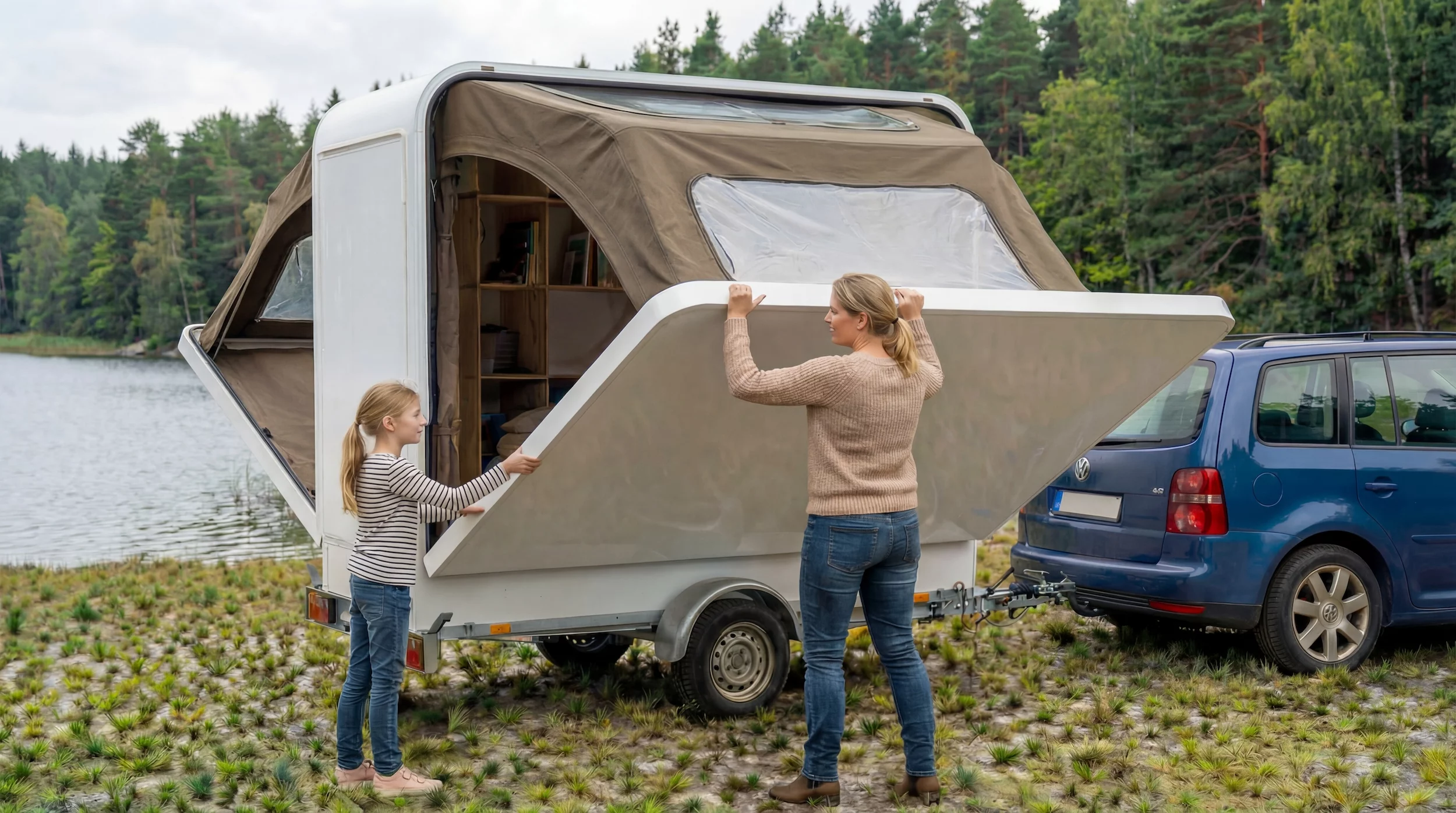 The two main wings fold out manually, pulling the tent frame and fabric down into place with them