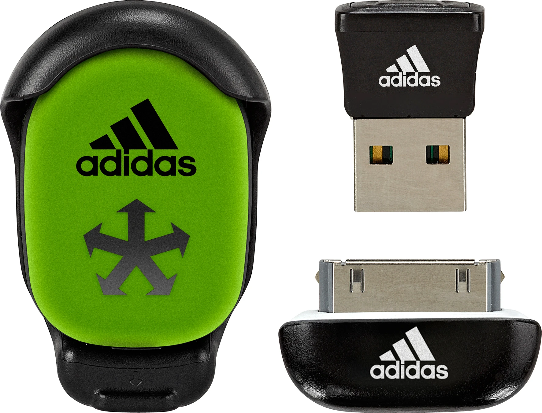 The miCoach Speed Cell, USB connect for PC and Mac, and iPod/iPhone dongle