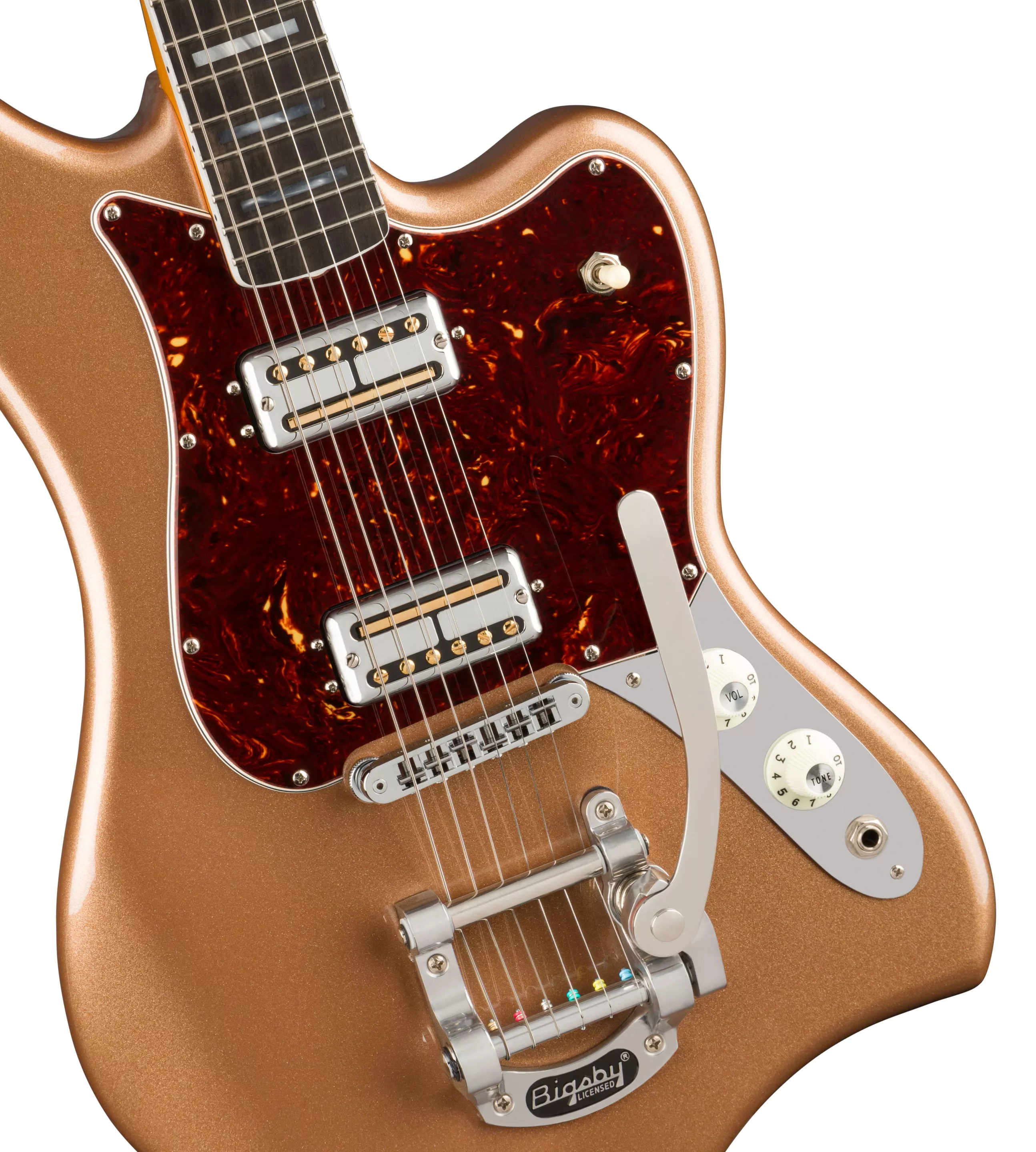 Modern touches include Tim Shaw-designed pickups and a Bigsby vibrato