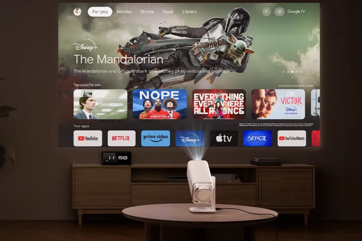 "This striking searchlight-style projector packs a powerful audio system and smart TV functionality into a compact, go-anywhere design, eliminating the need for extra speakers or streaming devices"