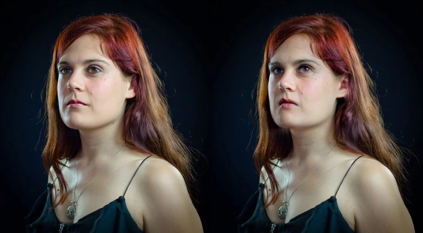 Left: Original image. Right: added anger and changed where she's looking