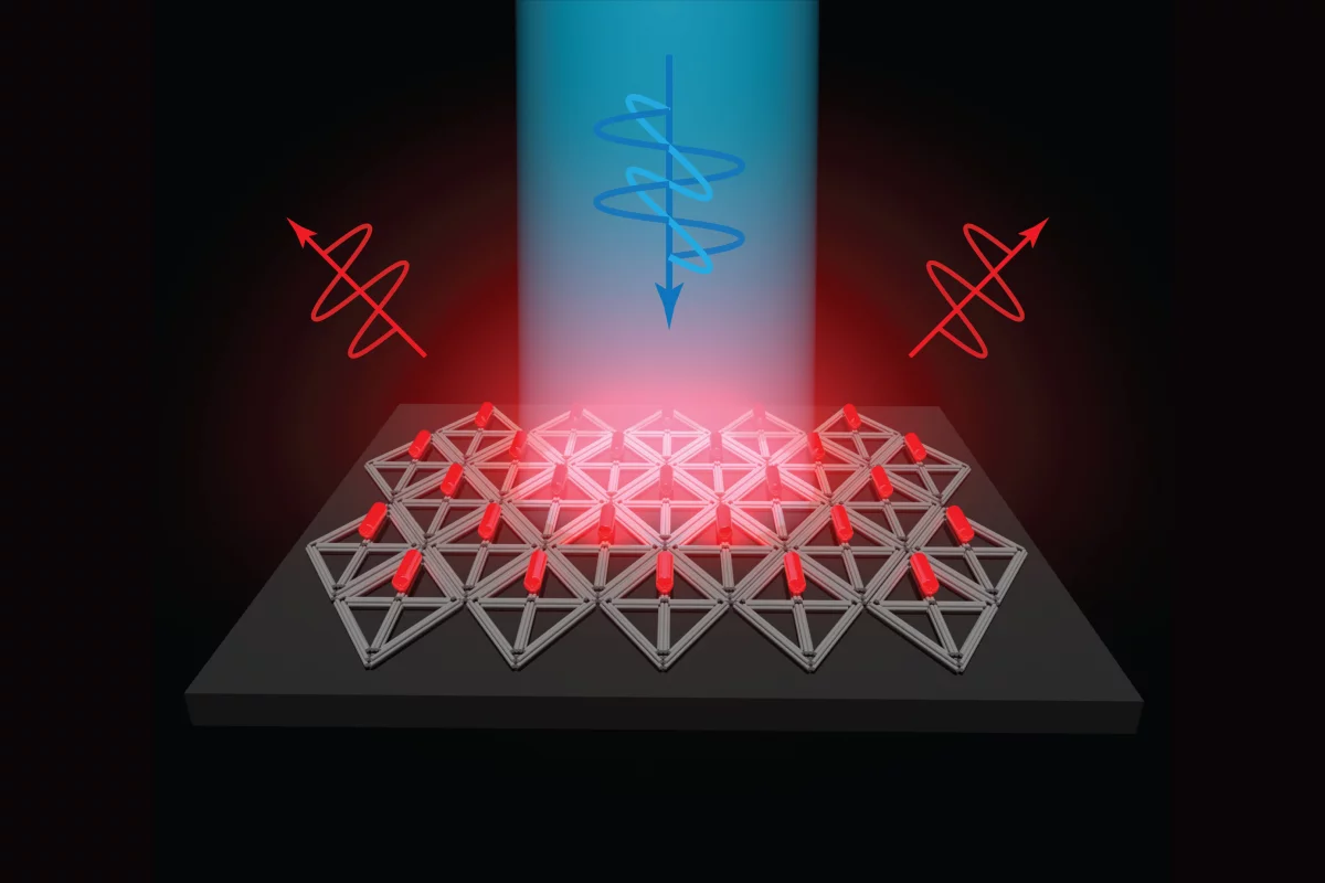An artist's impression of quantum rods (red) attached to a diamond-shaped scaffold made of DNA