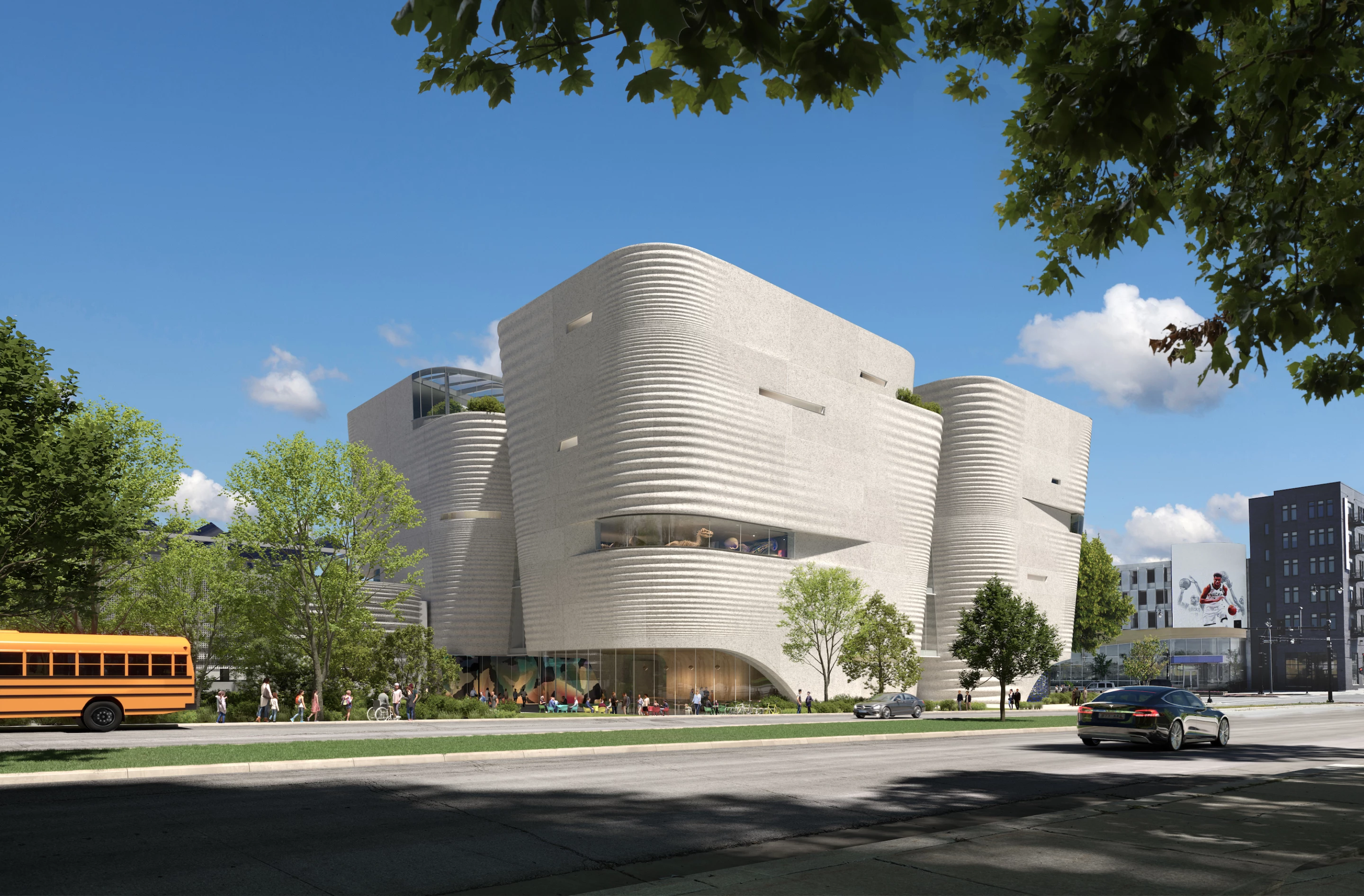 The Milwaukee Public Museum's rocky exterior will consist of concrete and glass, and its overall form is meant to resemble the natural landsape