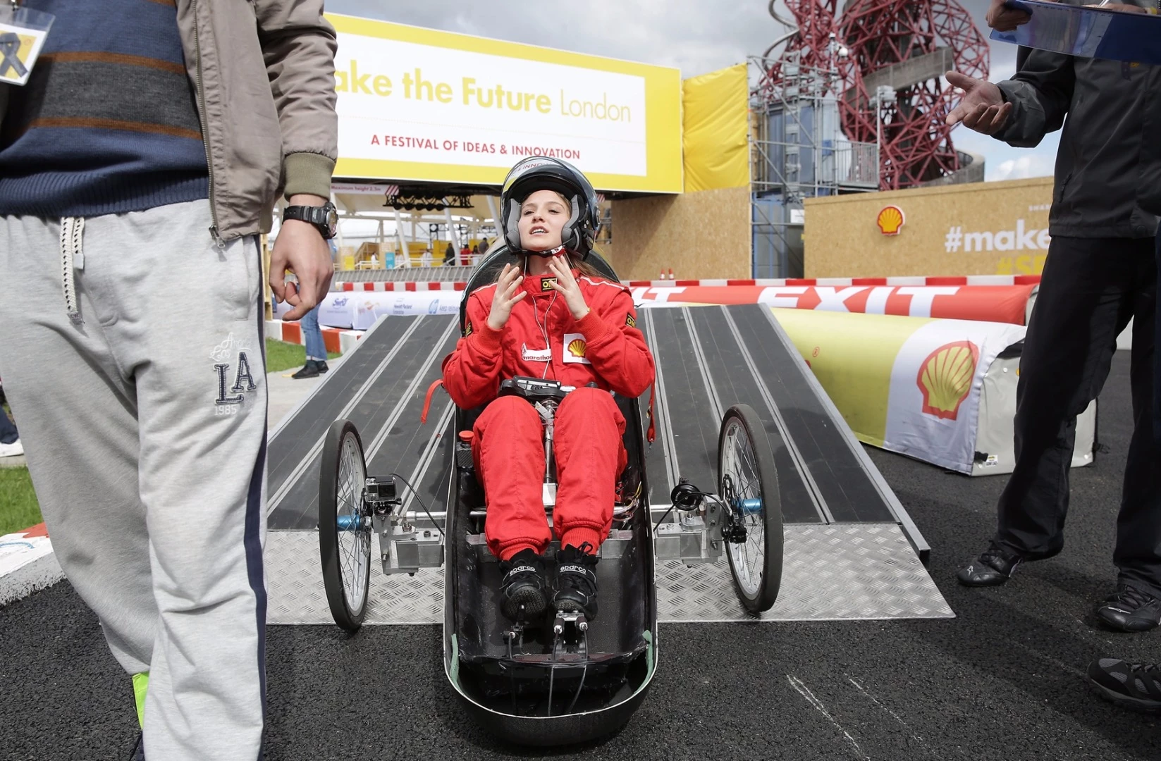 The driver of MEGALODON, a hydrogen prototype racing for team Hidroana from Anadolu University, Eskişehir, Turkey after failing a break inspection during Make the Future London 2016