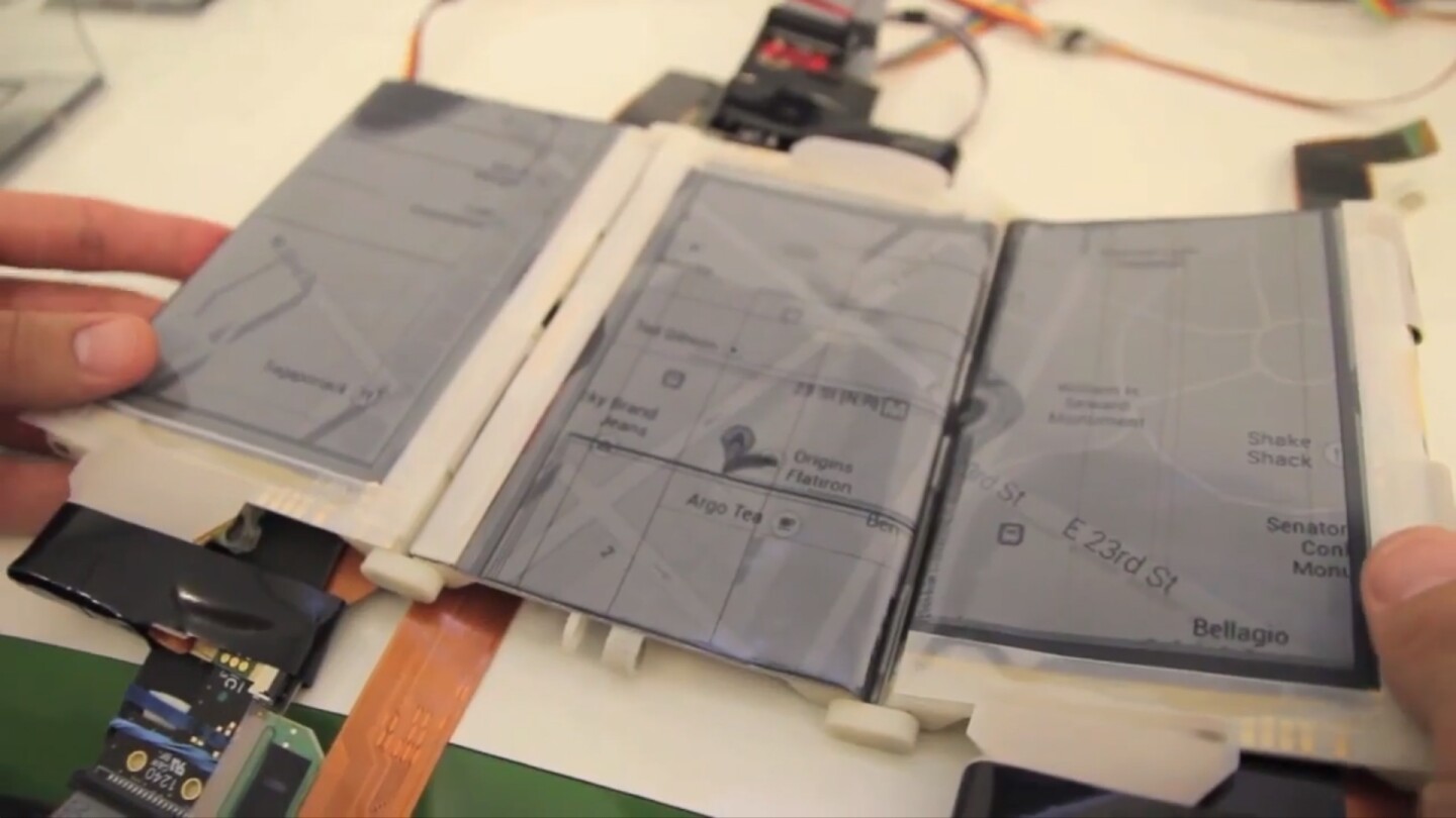 Folded flat, the PaperFold displays Google Maps over its three displays