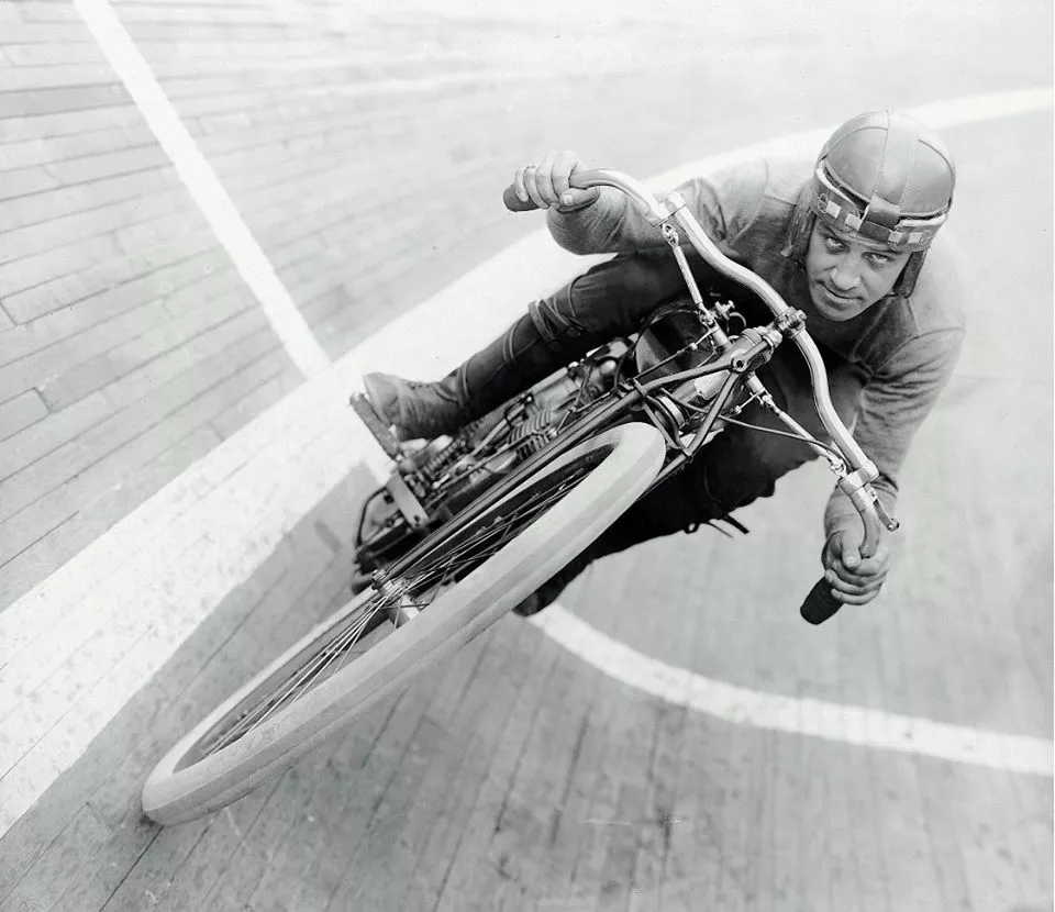 An image of board track racing from Stephen Wright's book, "The American Motorcycle 1869-1914" which is still available and like his restorations, will also appreciate in value when the limited stocks run out