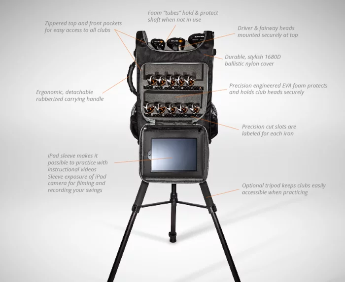 A view of the DV8 golf club system with the optional tripod