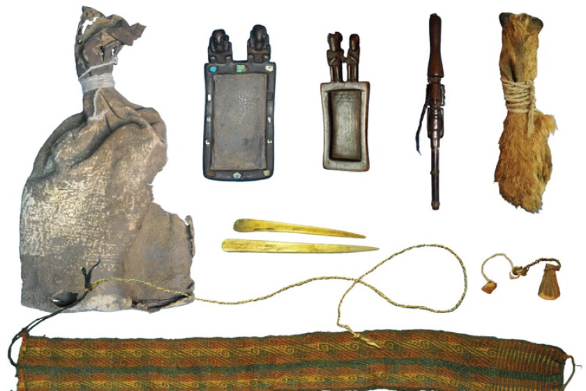 The ritual bundle contents included a leather bag, carved wooden snuffing tablets and snuff tube with human hair braids, pouch made of fox snouts and bone spatulas
