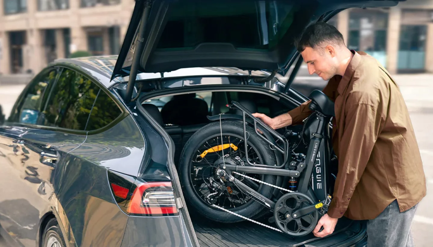 The L20 3.0 Series ebikes can fold down to a fraction of their size for between-ride transport in the trunk