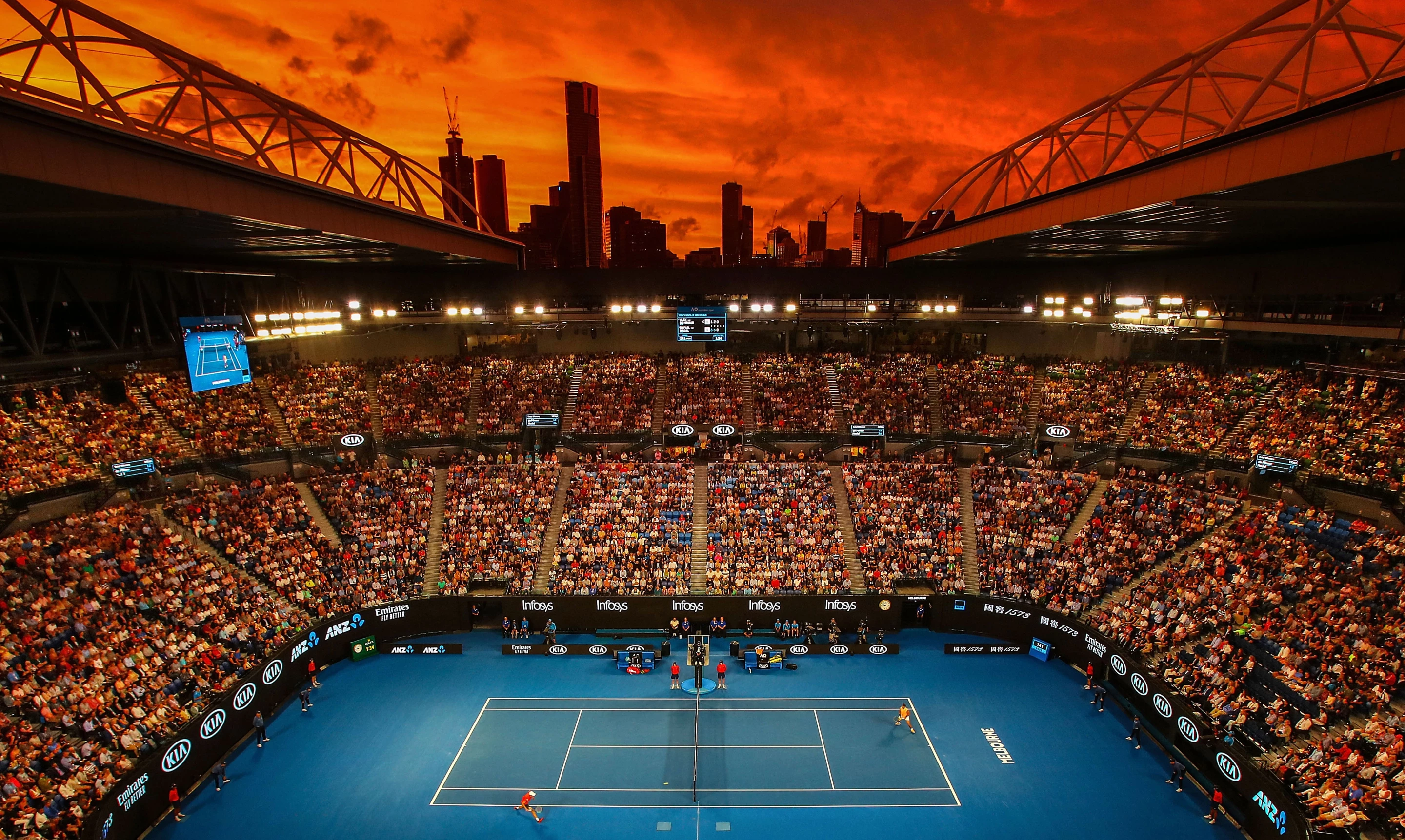 Silver, View. A general view of Rod Laver Arena at sunset in the third round match between Alex De Minaur of Australia and Rafael Nadal of Spain during day five of the 2019 Australian Open at Melbourne Park on January 18, 2019