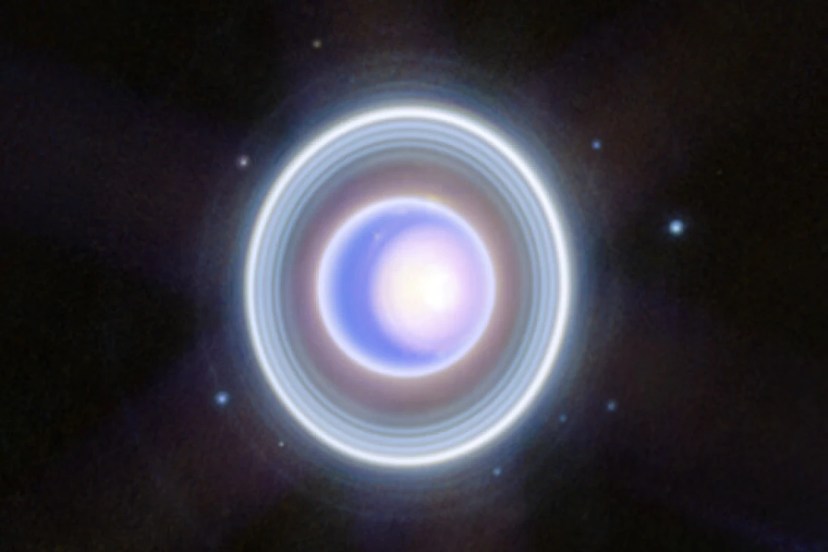 A James Webb image of Uranus, clearly showing its rings and some of its moons