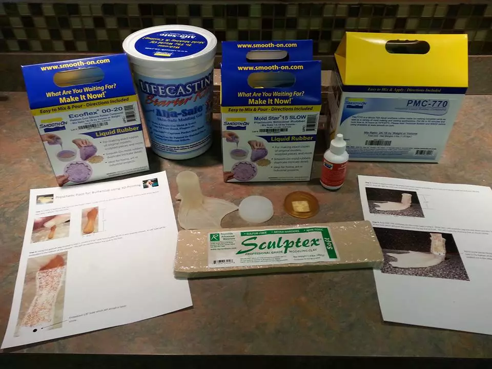 The materials required to make Buttercup's new foot
