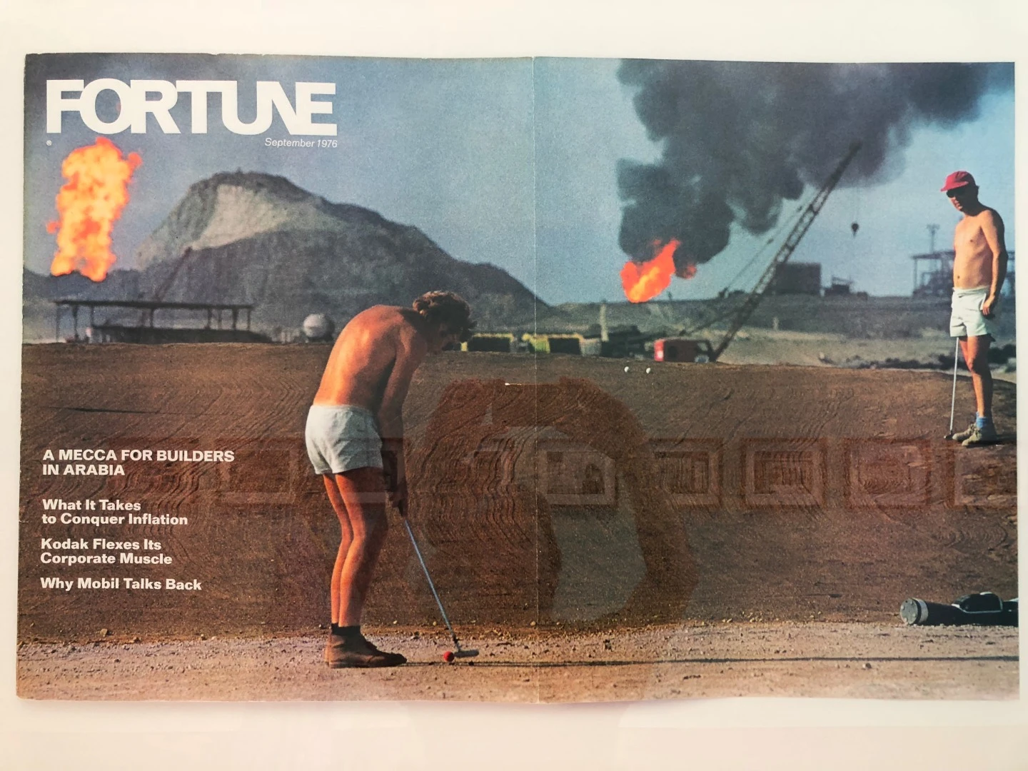 Part of the Jameel Arts Centre's "Crude" exhibition, this installation features a 1976 issue of Fortune magazine depicting a golf course in the Arabian desert