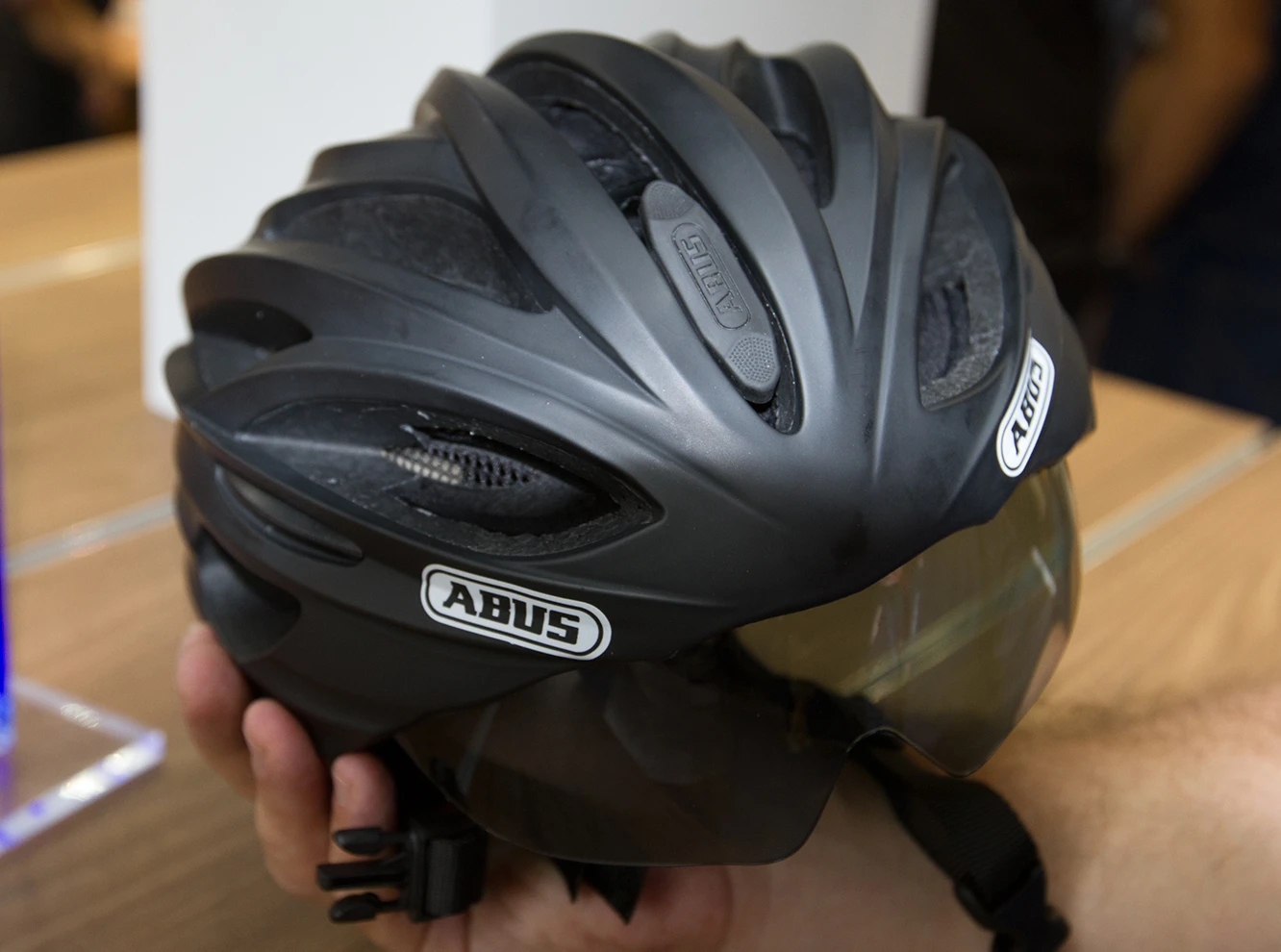 The ABUS In-Vizz racing helmet with visor down