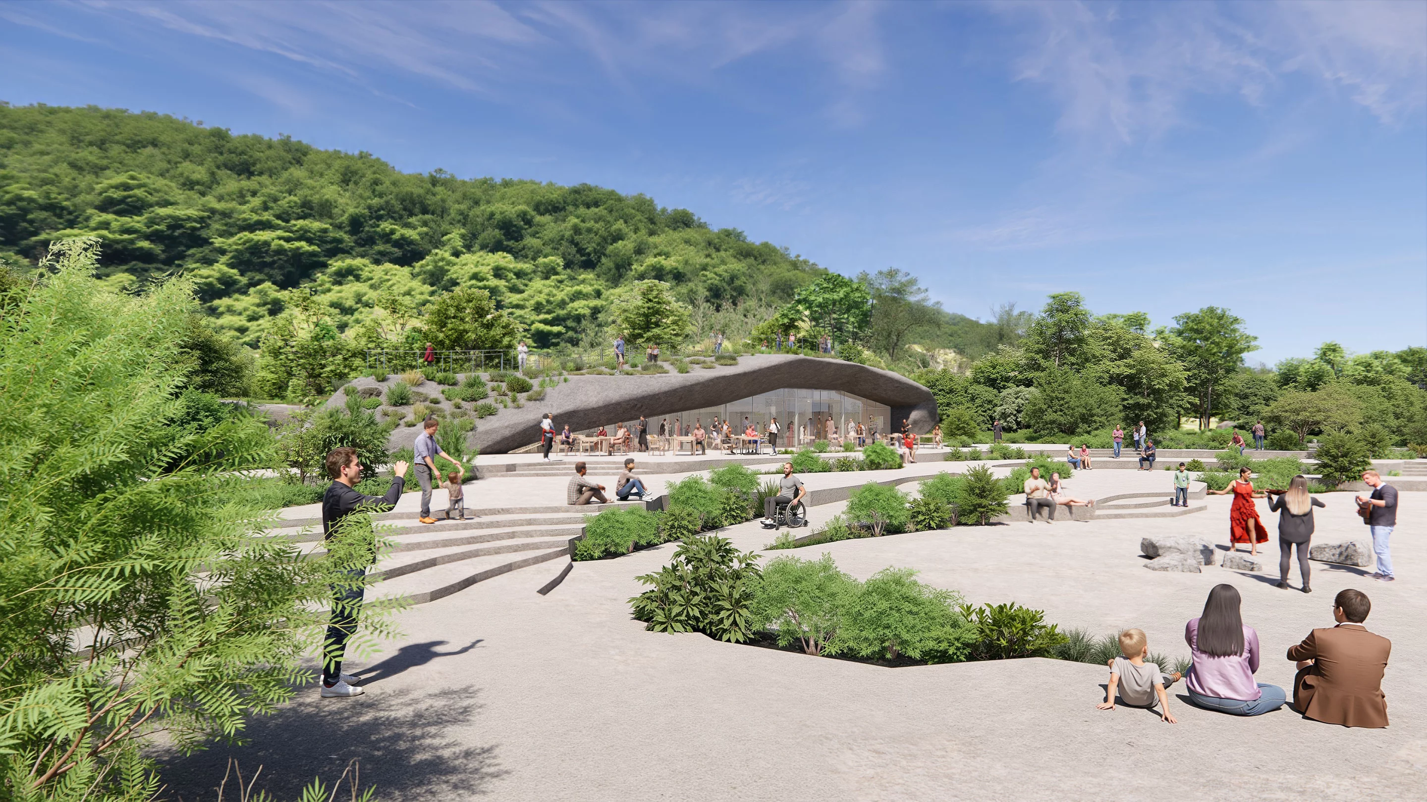 The rock-like forms of the buildings will slowly be covered in moss and plants