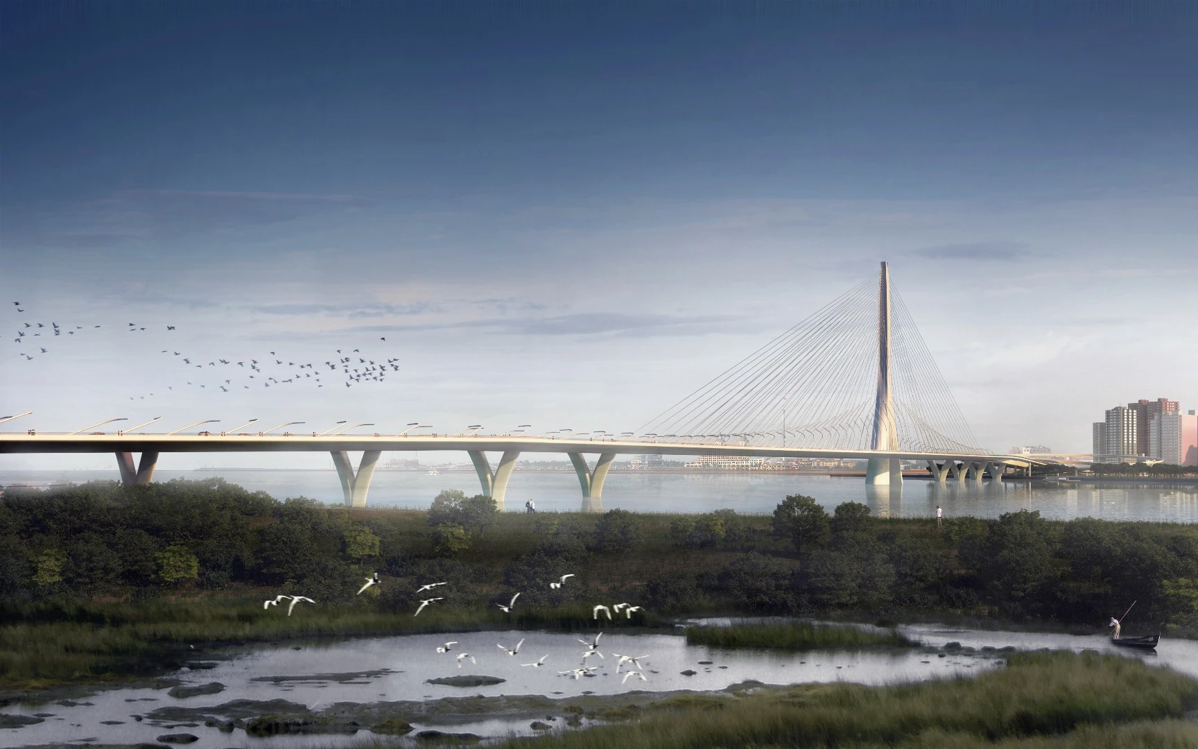 The Danjiang Bridge will span the mouth of the Tamsui River that flows through Taipei