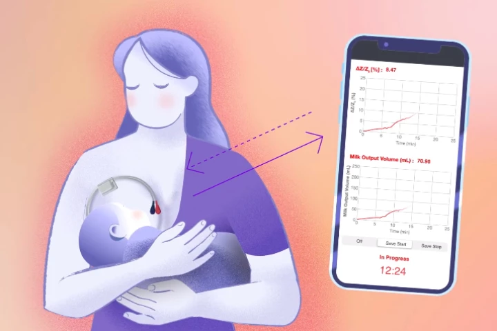 A diagram shows how the device is placed on the mother's skin, and how it communicates with an app on her smartphone