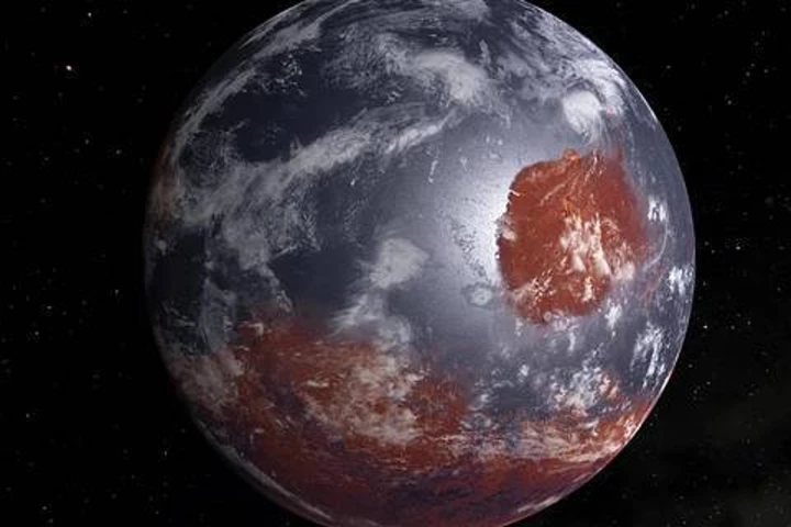 Artist's concept of Mars as it may have looked billions of years ago with an atmosphere and ocean