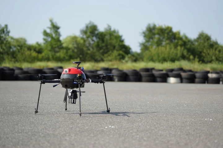 The prototype Aerosense AS-MC01-P quadcopter carries a Sony lens camera