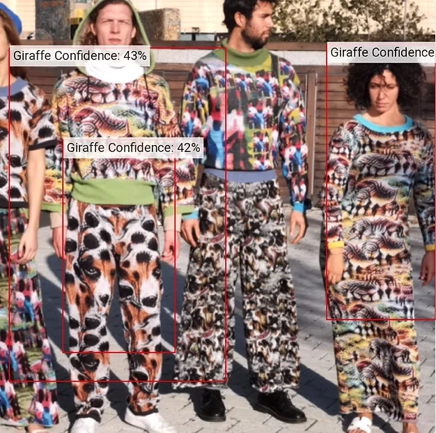 The odd patterns fool algorithms like YOLO's object detection into thinking your whole body is an animal, so they don't even look for a face to try matching