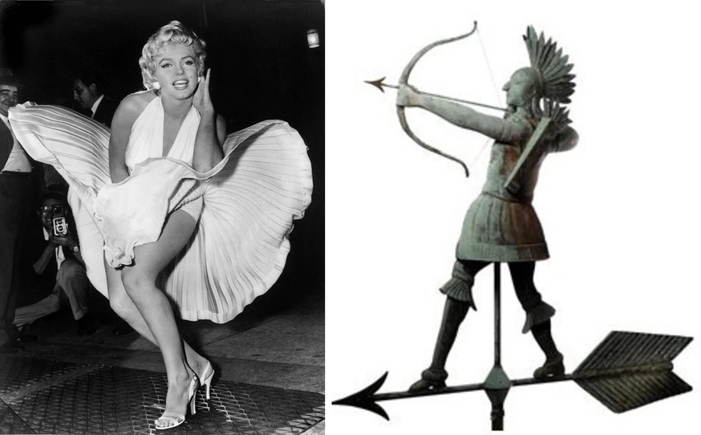 Other items to sell at auction in this price range include a Gutenberg Bible ($5,390,000 - the first major book printed using mass-produced movable type), a leaf from a Qur'an ($4,892,483 - £2,484,50 - one of the earliest fragments of the Qur'an ever produced dating from the middle of the 7th Century), the dress from the movie "The Seven Year Itch" worn by Marilyn Monroe over the subway grate ($5,520,000 - above left), a Copper Indian Chief Weathervane ($5,840,000 - circa 1900 - above right) and the most expensive non-U.S. coin ever sold at auction, a Umayyad Caliphate gold dinar struck in the first year of rule of Caliph Hisham ibn Abd al-Malik (723 - 724 AD., A.H.105).