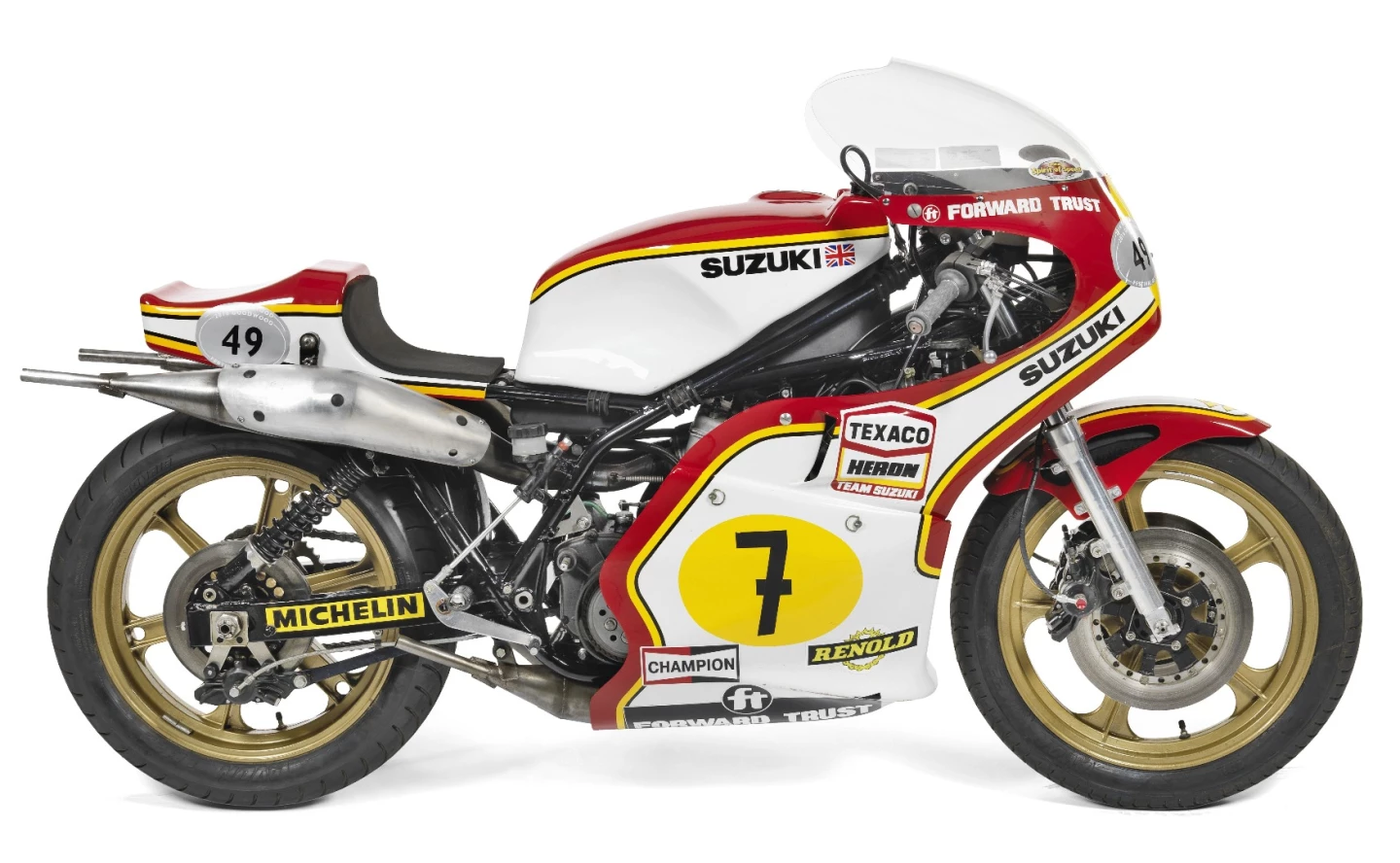This 1976 factory Suzuki RG500 race bike is a very original example of the works Texaco Heron Team Suzuki RG500 Mark 1 - the XR14 - and has the 56x50.5mm engine. It was ridden by Barry Sheene, John Newbold and John Williams. It had an estimate of £45,000 to £55,000 (roughly US$55,000 - US$67,000) and failed to meet reserve.