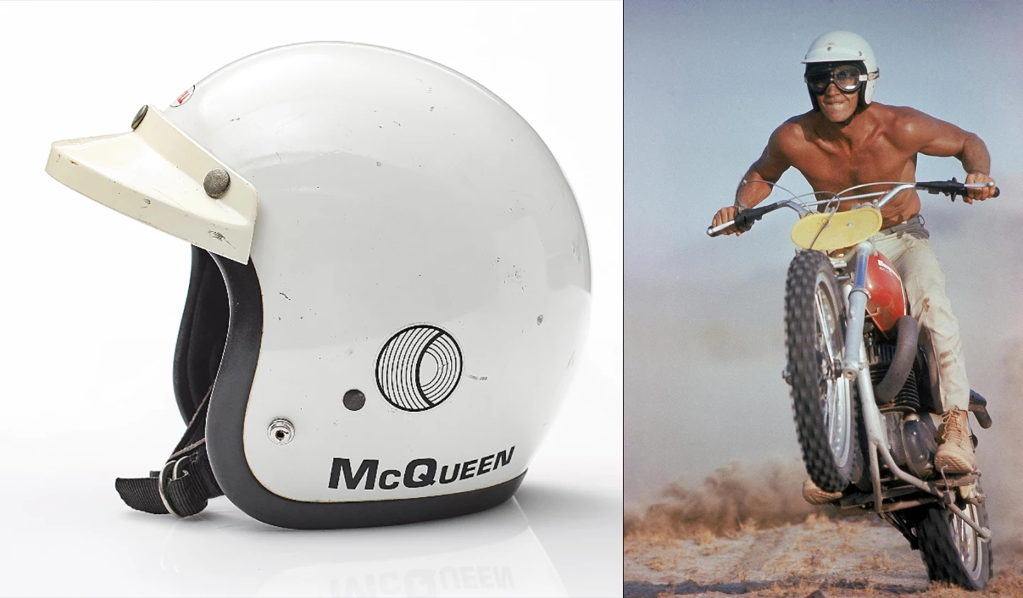 One of Steve McQueen's open face Bell helmets fetched $21,875, which is a whopping price for a helmet, but one of the cheapest McQueen memorabilia items to sell at auction for some time. See our feature article on his $230,500 On Any Sunday Husqvarna 400 Cross for a lot more details. Auction Description