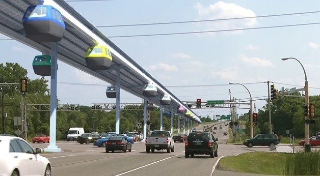 A solar-powered, suspended, individual carriage rail system called J-Pods is soon to be built and tested in Secaucus, New Jersey