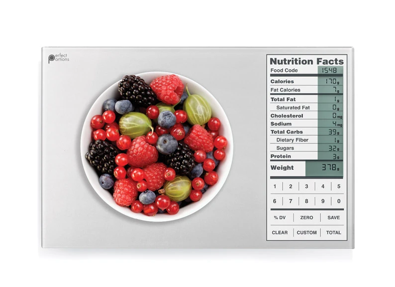 The 9.25 x 6.1 x 1 inch Perfect Portions scale is topped with an easy-clean, hygienic glass surface