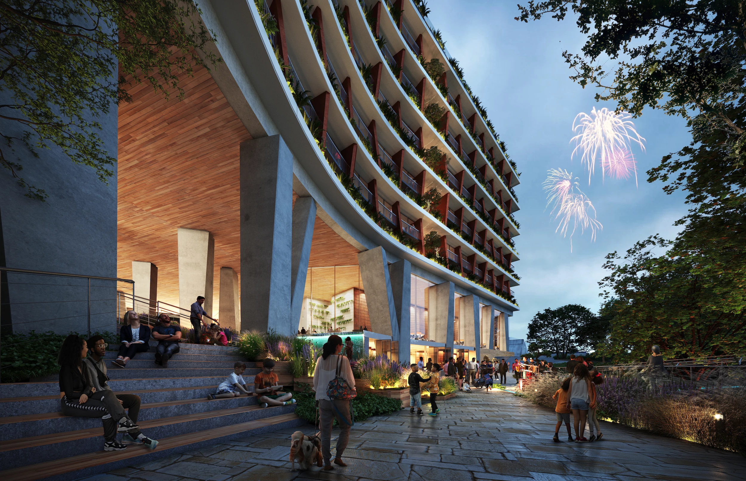 The Waterline skyscraper will be raised above the ground by 30 ft (9 m), creating a mixed-use area with retail space and areas for relaxing