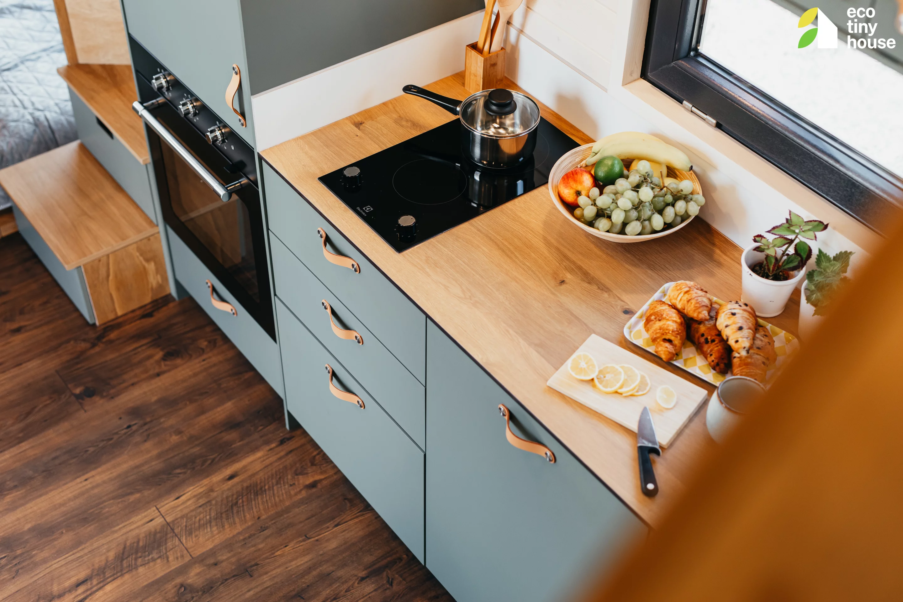 The Tiny Getaway's kitchen has quite a lot of cabinetry for its size