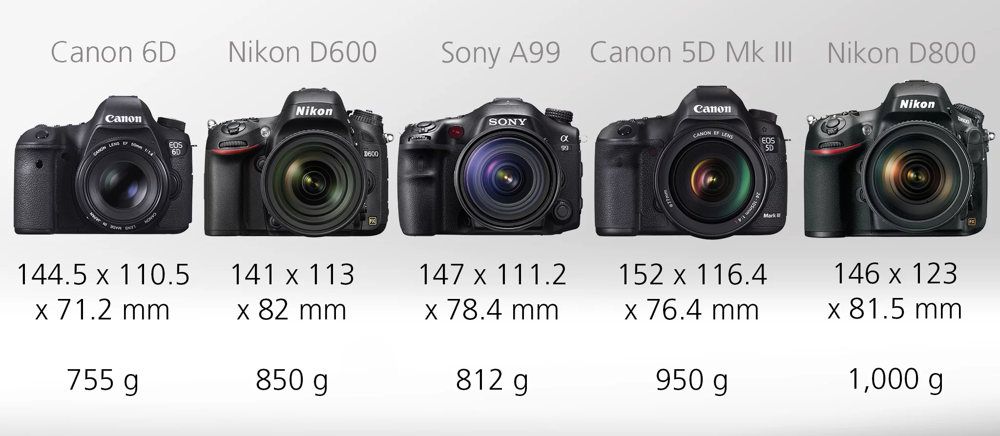 Full Frame DSLR Comparison Guide - Size and weight