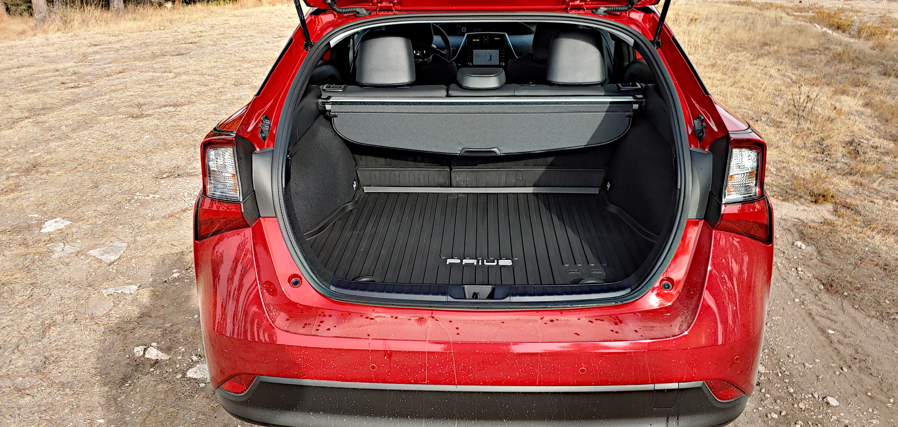 The odd split-hatch may be weird to look through in the rearview, but it does make for some sizable cargo space in the compact Prius
