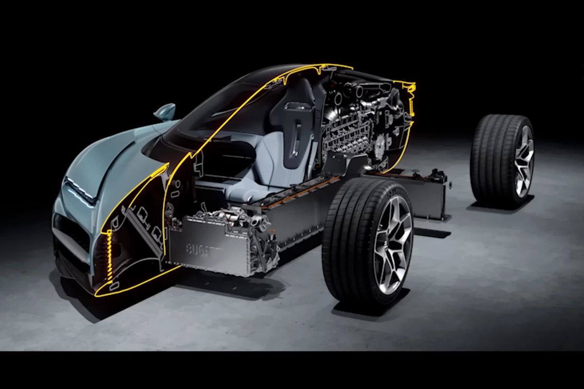 A cutaway of the Bugatti Tourbillon showing the T-shaped battery back and electric motors up front