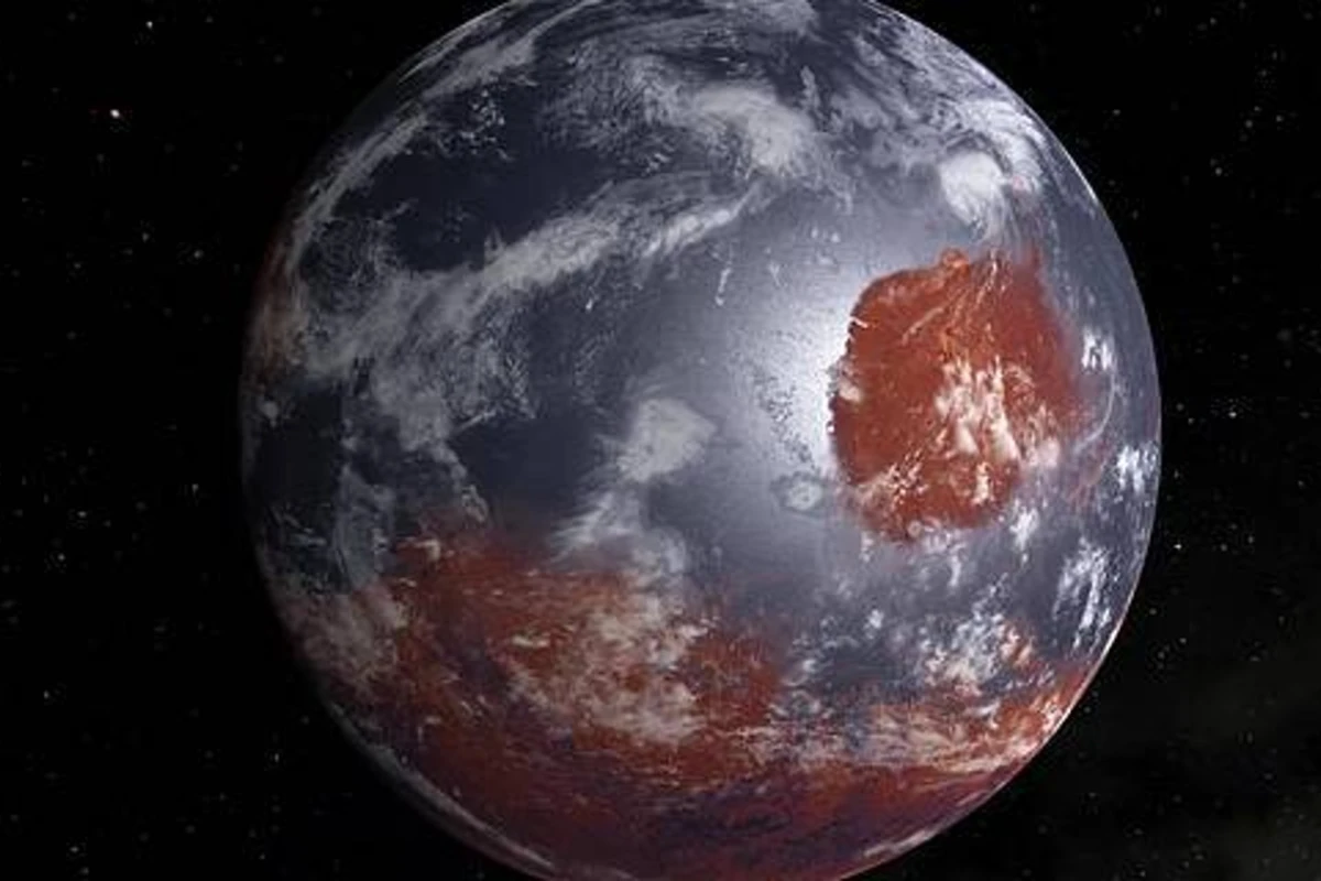 Artist's concept of Mars as it may have looked billions of years ago with an atmosphere and ocean