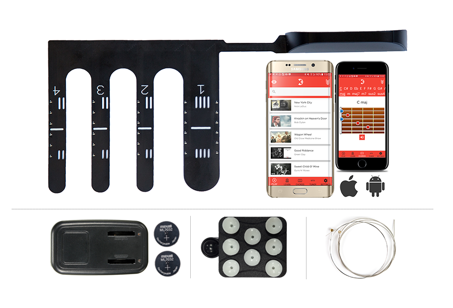 Included in the FretX Rockstar Pack: an LED learning sleeve, two rechargeable cell batteries and charger, spare adhesive stickers and a phone mount