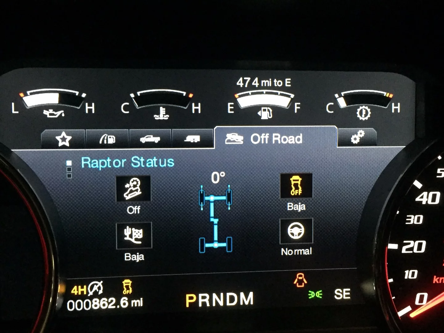 The Raptor's dashboard is full of information about your four-wheel drive system