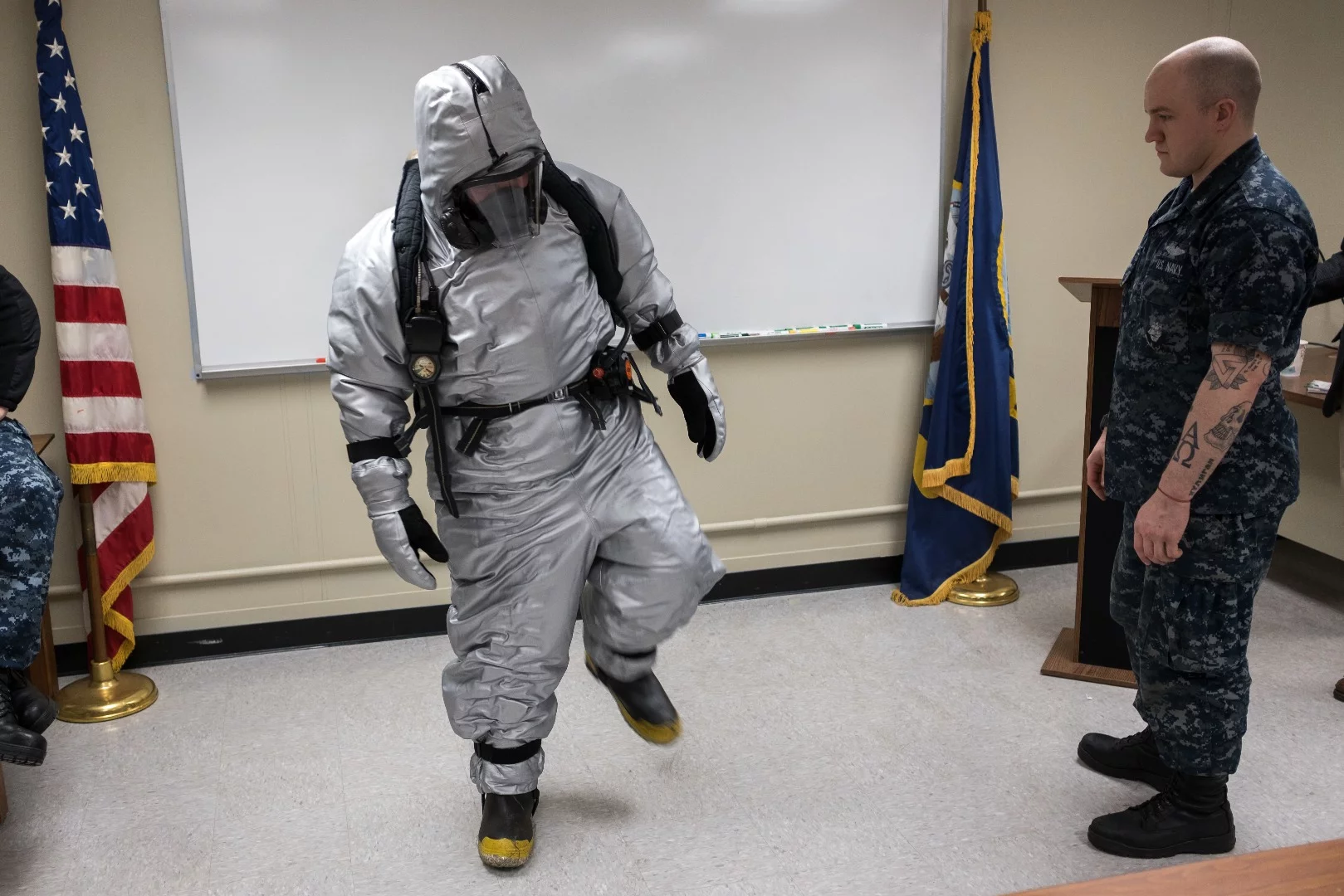 Machinist's Mate nuclear 2nd Class Cameron Sebastian tests a prototype submarine steam suit ensemble