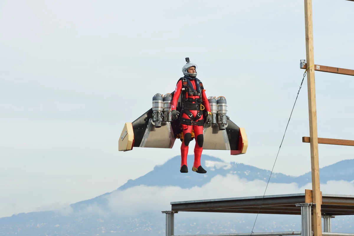 A serene sight, as Jetman Yves Rossy rises up from the ground with his new autonomous VTOL system